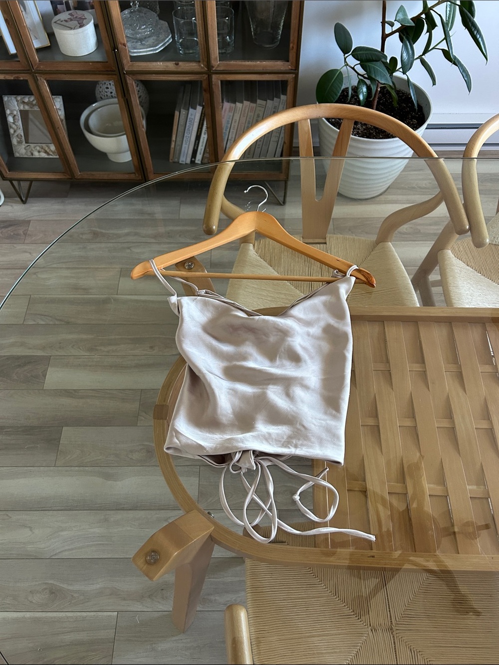Satin Champagne Cowl Neck Tie-Back Cami Top Cropped